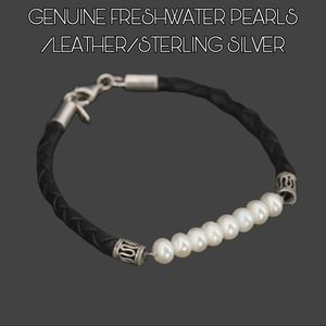 Freshwater Pearl 7" Black Leather 925 Bracelet - 6g bali  boho style. signed IWI